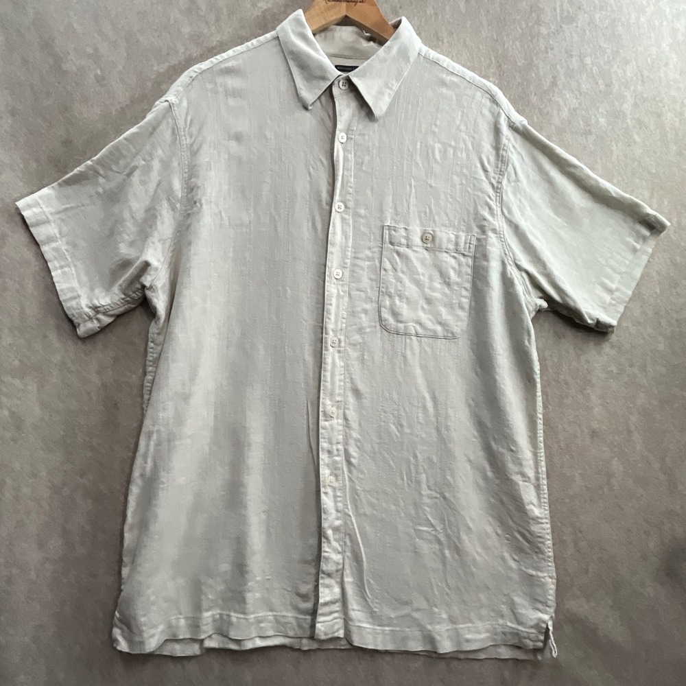 Marc Edwards Button Down Shirt Mens XL Beige Linen Blend Short Sleeve Textured